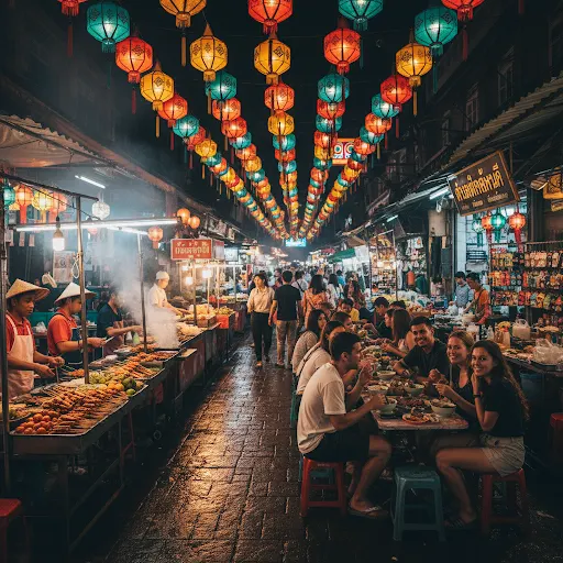 Marché de nuit animé en Asie du Sud-Est